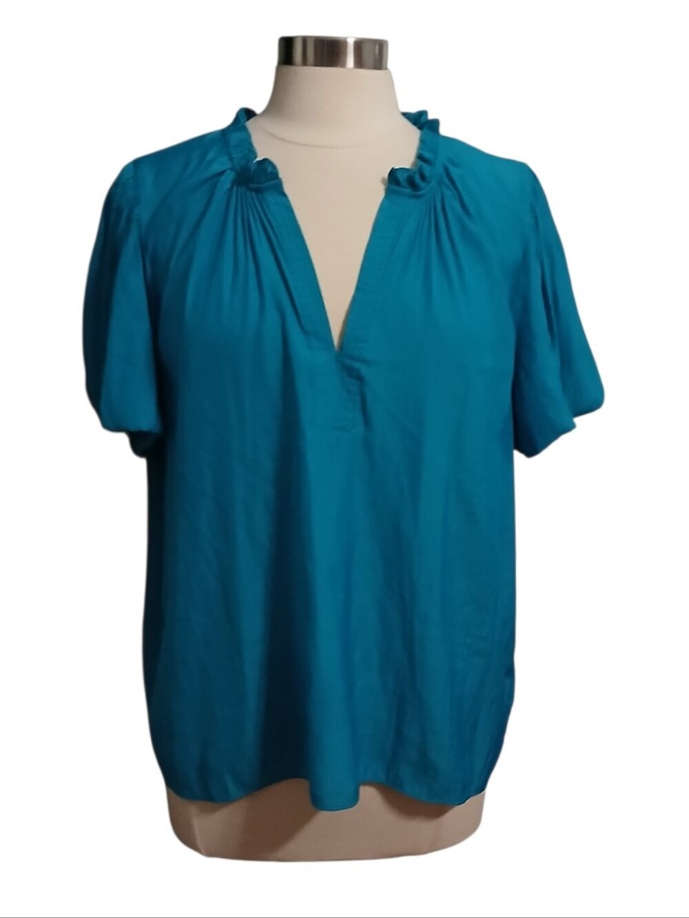 Rose + Olive | Teal Short Balloon Sleeve V-Neck Blouse Size Extra Large